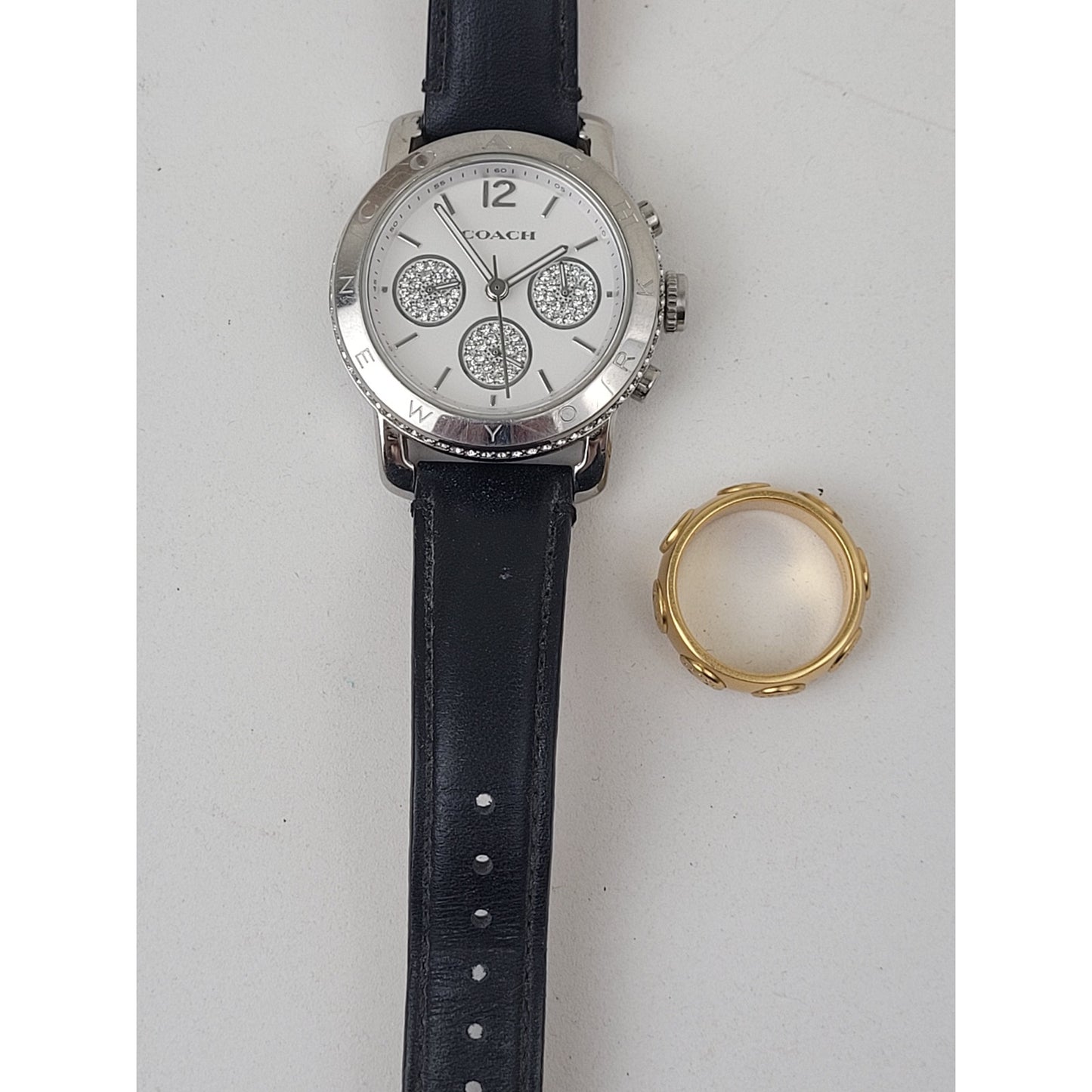 Coach Gold-tone Ring & Silver-tone Watch w Navy Leather Band