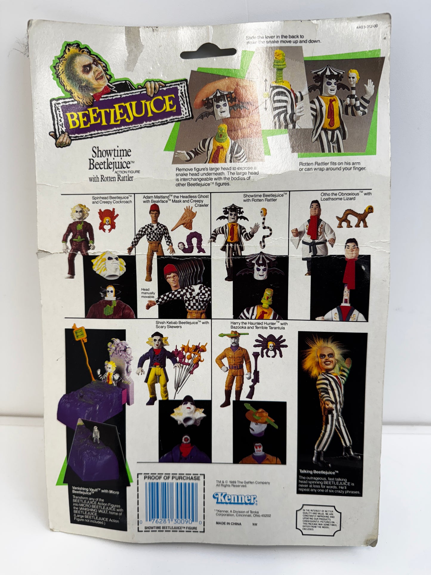 Vintage Beetlejuice Showtime Rotten Rattler Kenner 1989, Worn Packaging