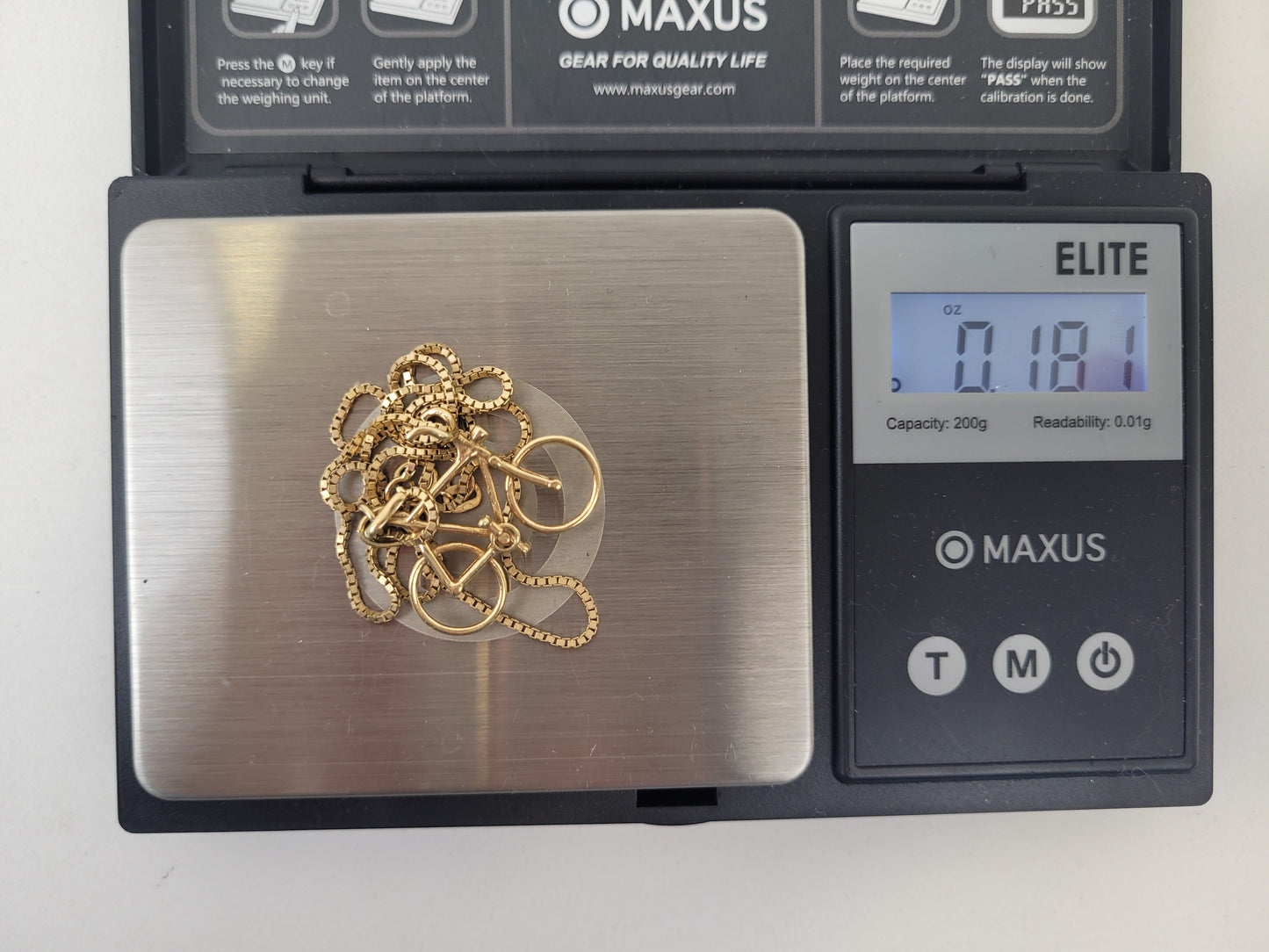 14K Solid Gold Bike Charm on 16" 14K Yellow Gold Chain