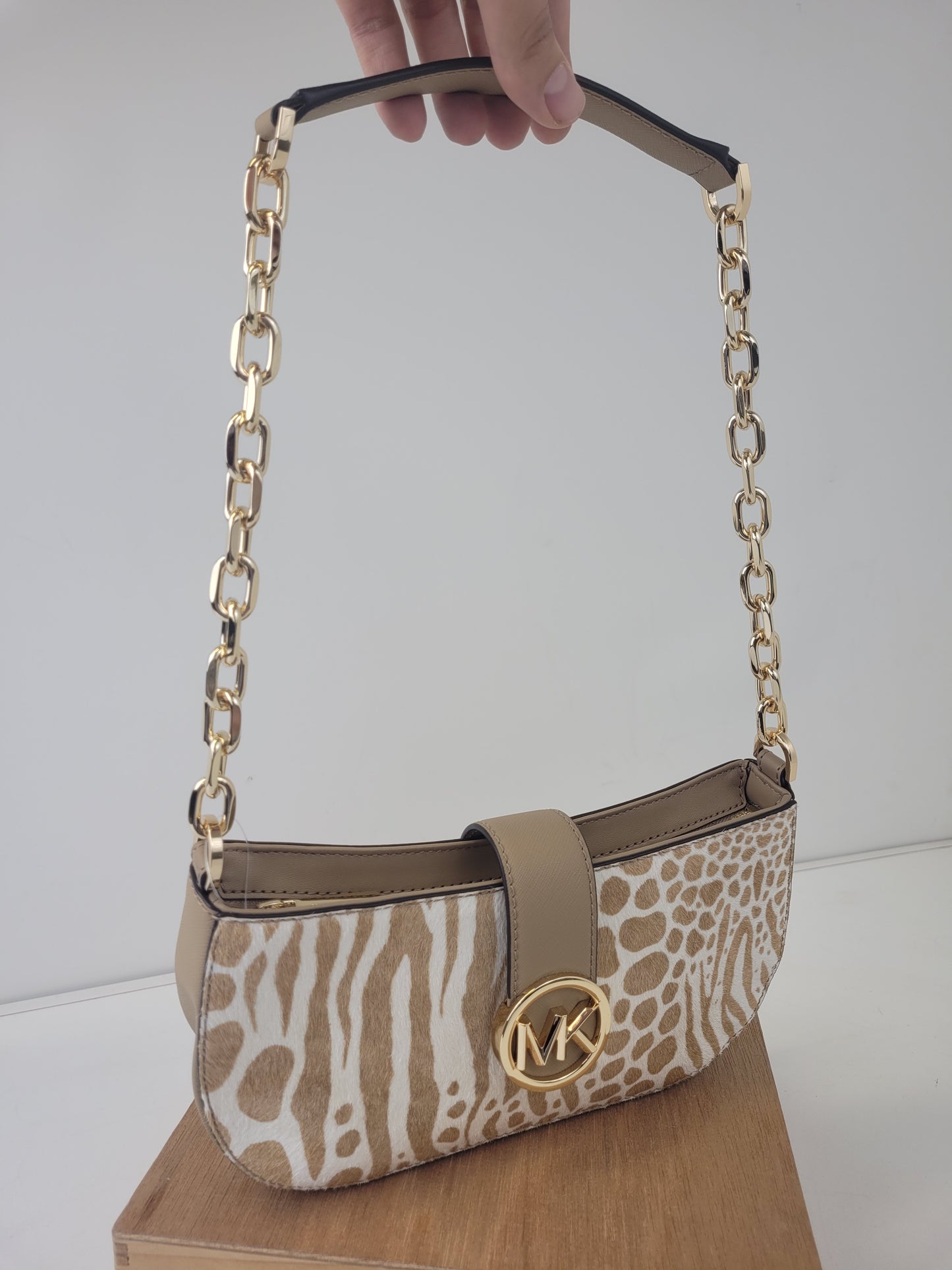 Michael Kors Carmen Calf Hair Shoulder Bag with Gold Chain Strap Retail $448