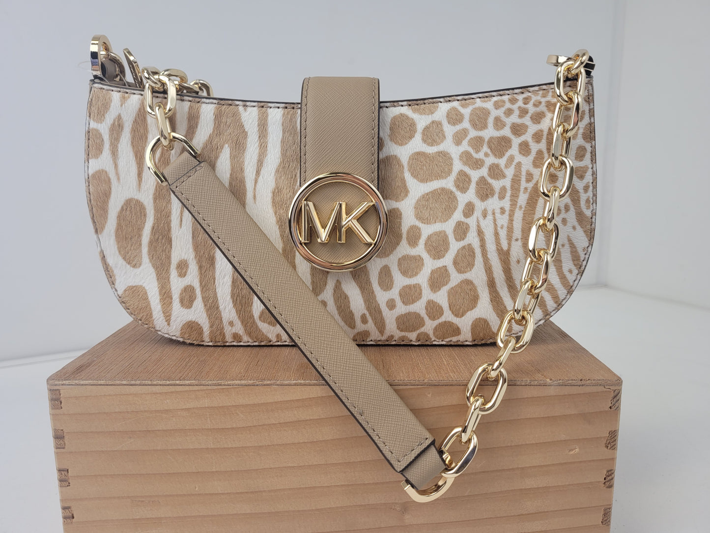 Michael Kors Carmen Calf Hair Shoulder Bag with Gold Chain Strap Retail $448
