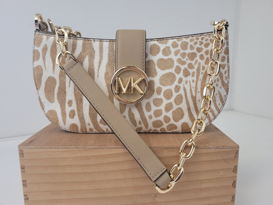 Michael Kors Carmen Calf Hair Shoulder Bag with Gold Chain Strap Retail $448