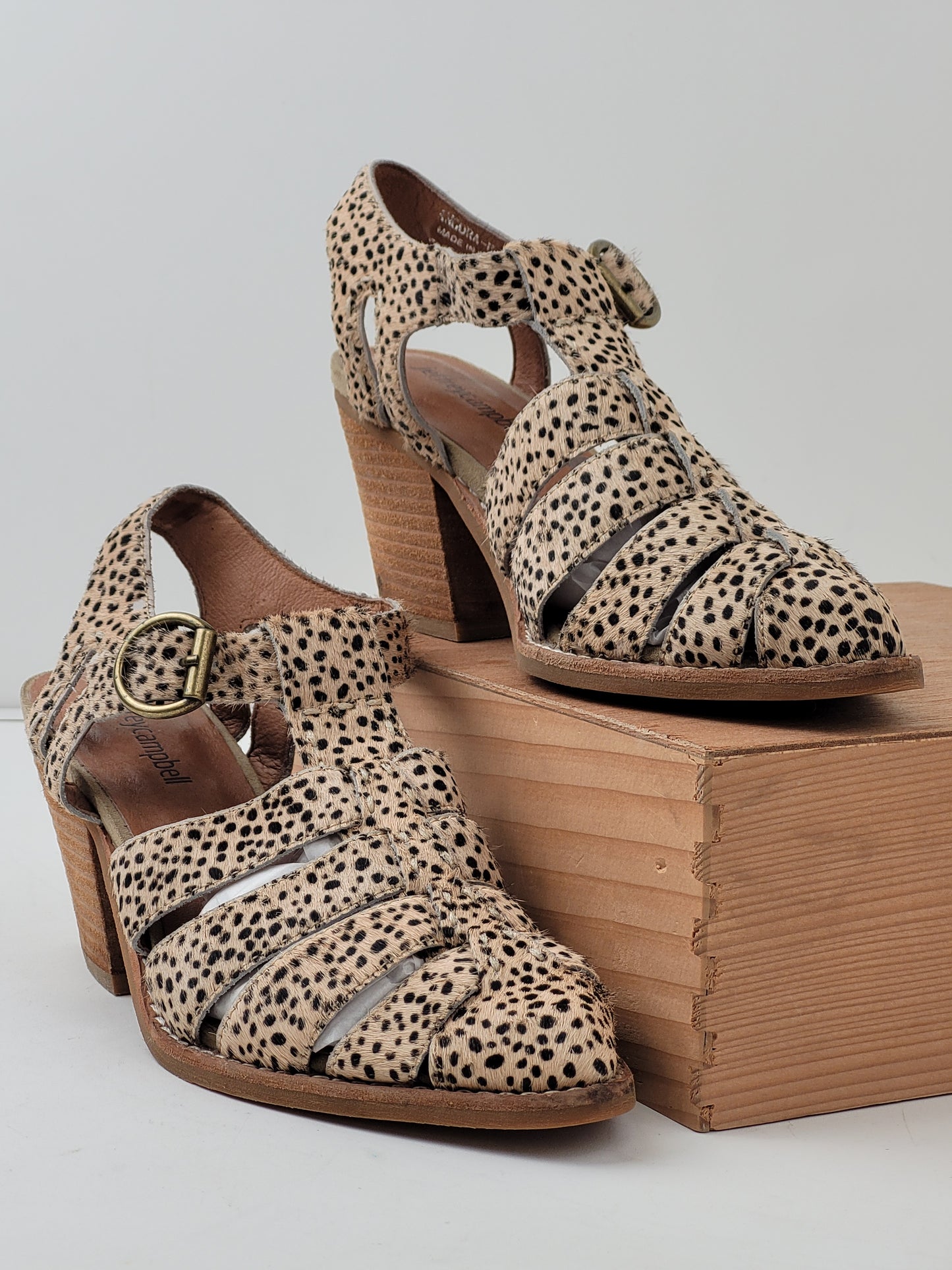 Jeffrey Campbell Leopard Print Calf Hair Strappy Bootie Heels Sz 6.5 EUC