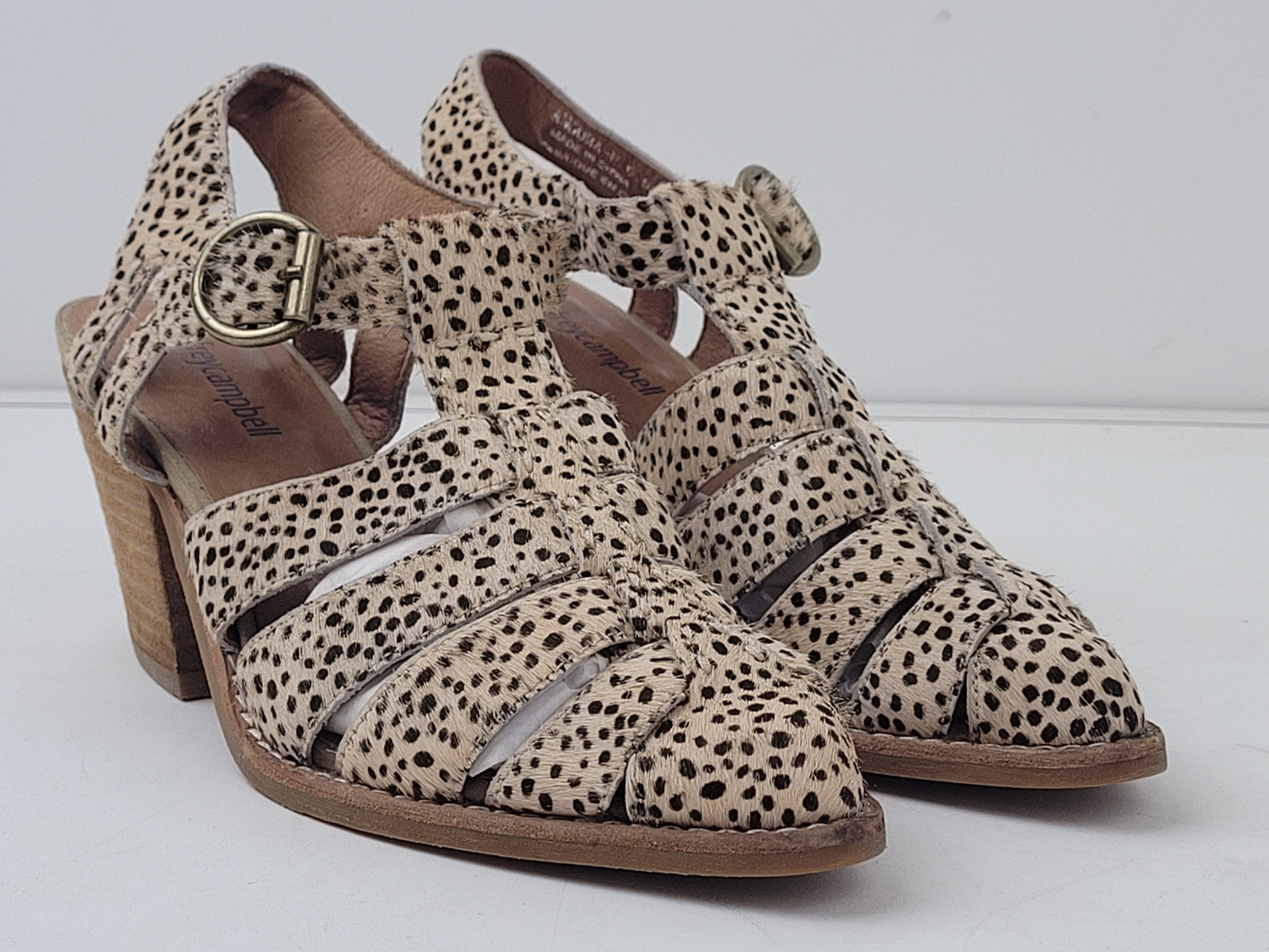 Jeffrey Campbell Leopard Print Calf Hair Strappy Bootie Heels Sz 6.5 EUC