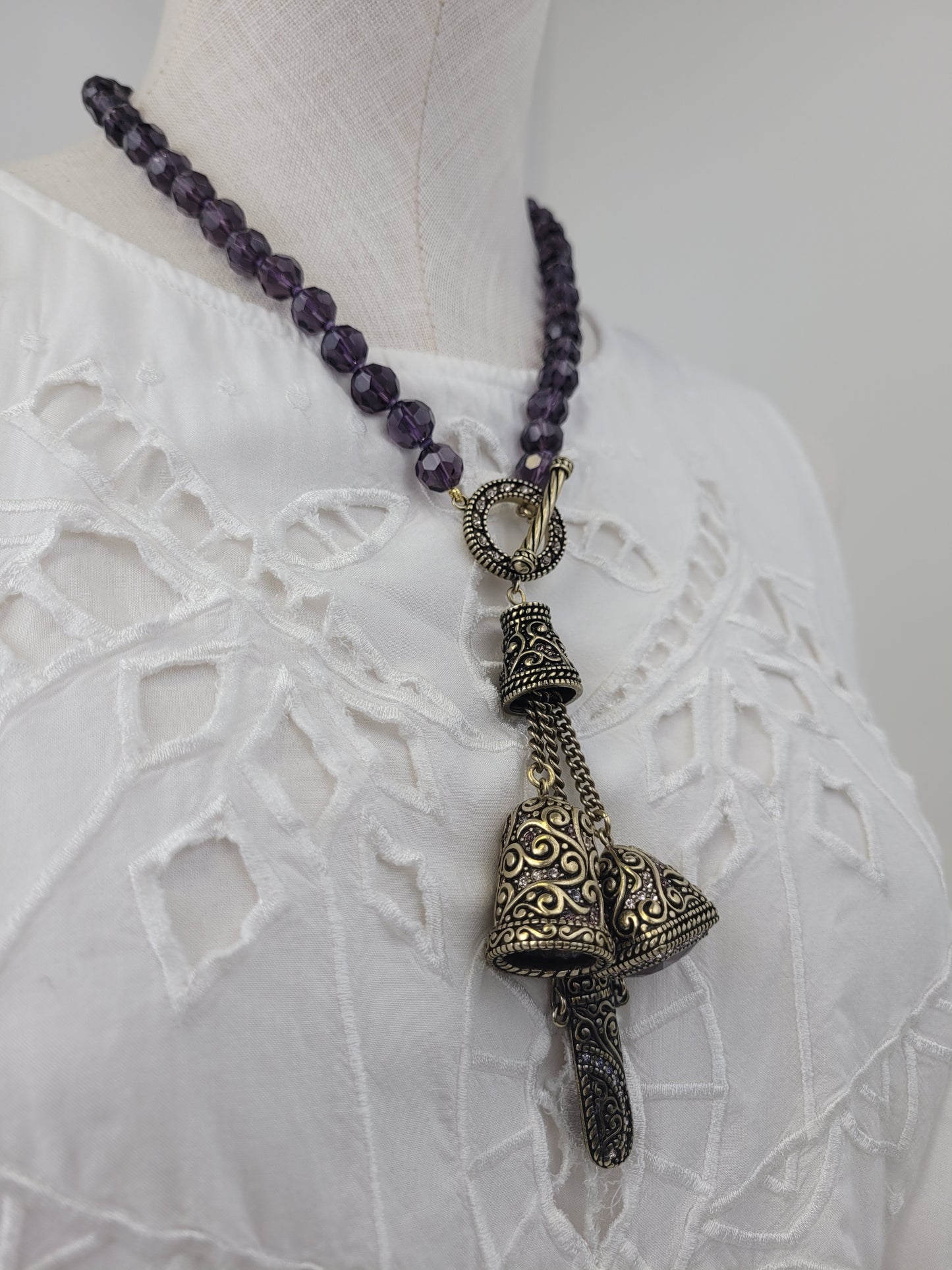 Heidi Daus Matching Necklace Earrings Bracelet Ring Set Gold Tone Metal & Purple Beads/Rhinestones