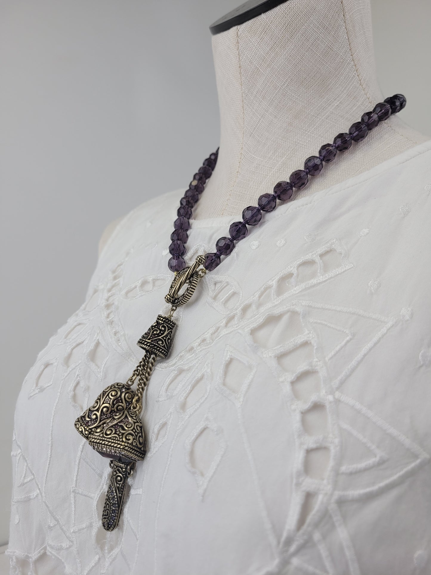 Heidi Daus Matching Necklace Earrings Bracelet Ring Set Gold Tone Metal & Purple Beads/Rhinestones