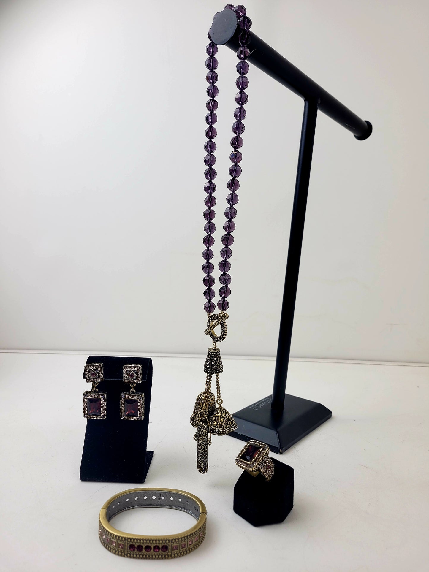 Heidi Daus Matching Necklace Earrings Bracelet Ring Set Gold Tone Metal & Purple Beads/Rhinestones