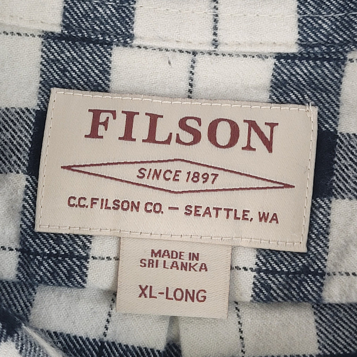 Filson Alaskan Guide Shirt White & Black Plaid Flannel Men's Sz XL Tall