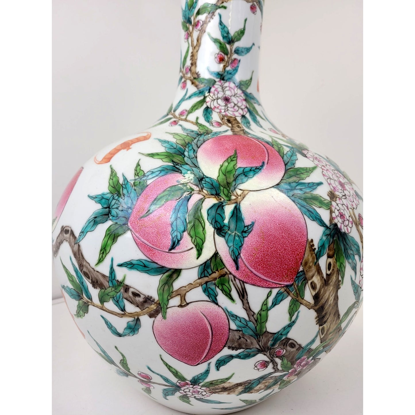 VTG Chinese Porcelain 21" Famille Rose, Peach, & Bat Vase Qianlong Mark