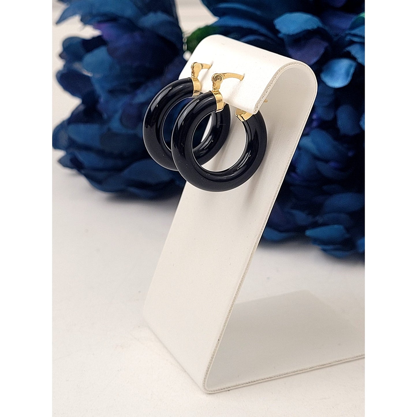 14K Yellow Gold Onyx Hoop Earrings 1" Diameter 6.29 Grams