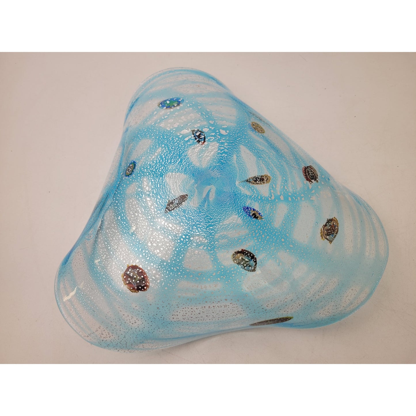 VTG Murano Glass Art Wavy Glass Bowl Light Blue Multicolored 12 1/2"x12 1/2"