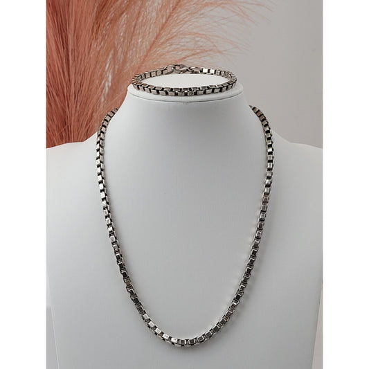 Tiffany & Co. Silver Box Link Venetian Chain Bracelet 7.5" & Necklace 16.5” Set