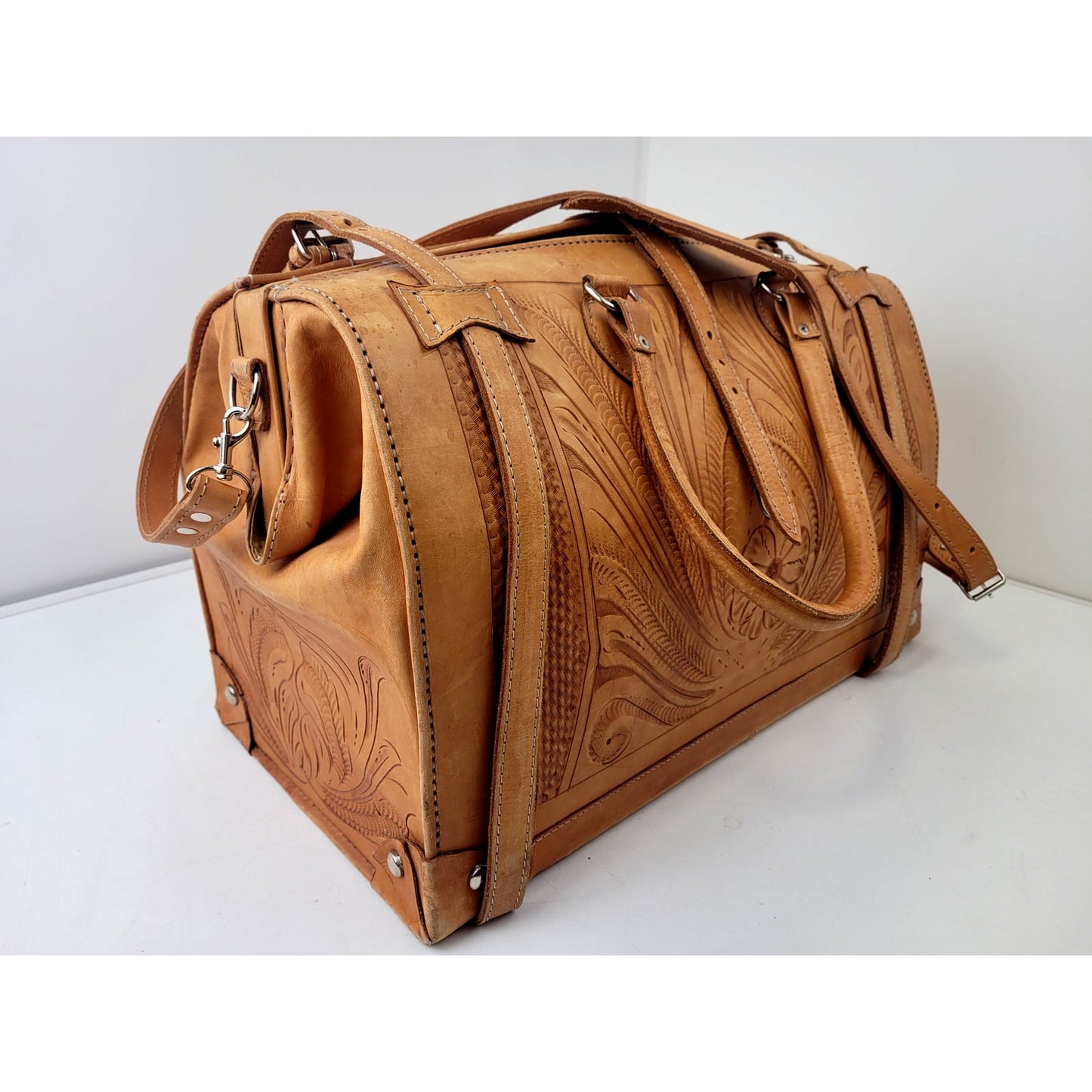 Vintage Hand Tooled Leather Western Style Doctor's Travel Luggage Bag XXL