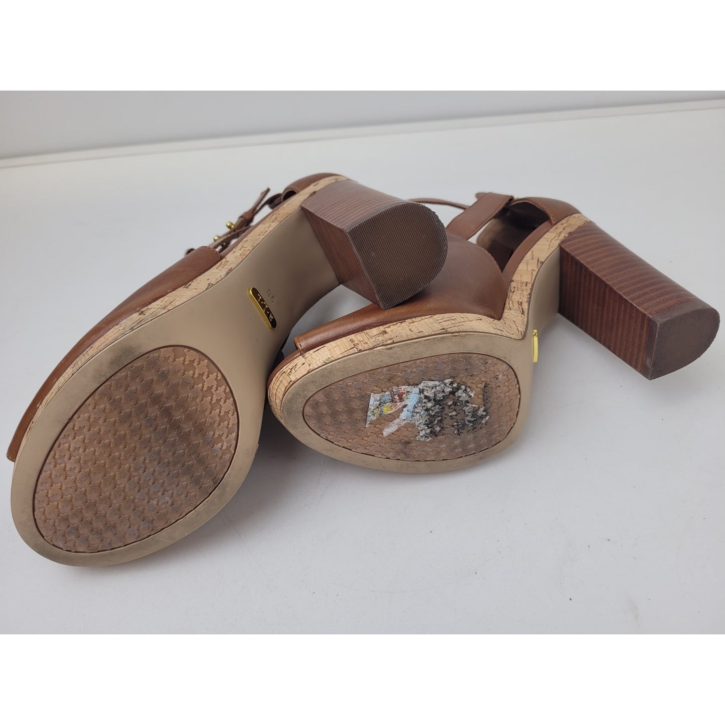 Ralph Lauren Fiana Polo Tan Cognac Leather Open Toe Booties Sz 9