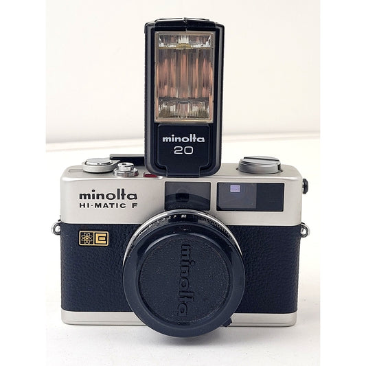 Minolta Hi-Matic F Film Camera w Flash, Case & Owner's Manual