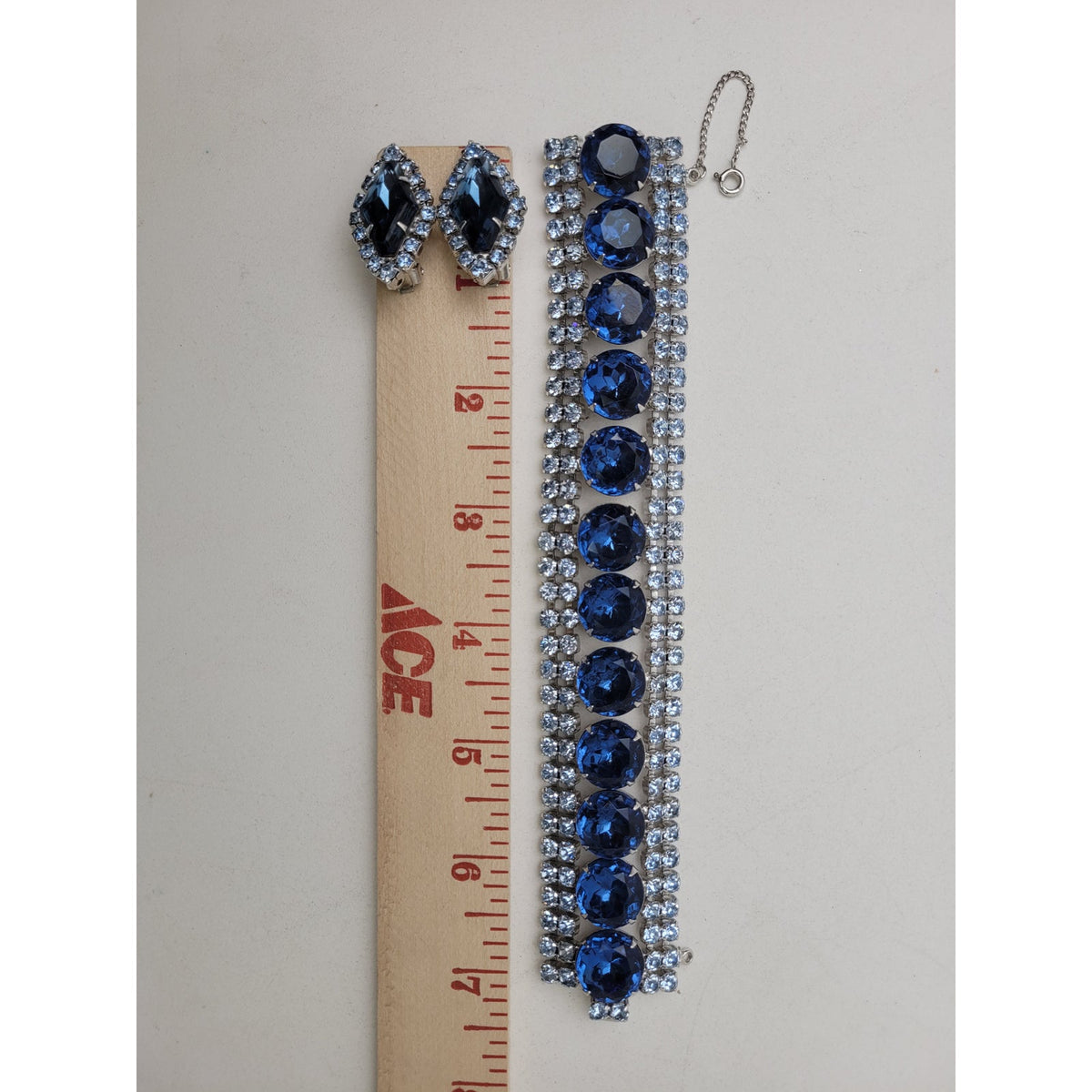 Vintage Blue Rhinestone Hollywood Regency Statement Bracelet & Earrings