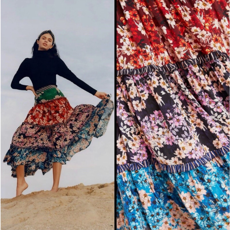 Bhanuni by Jyoti for Anthropologie Anarosa Tiered Maxi Skirt Floral Print Sz 8