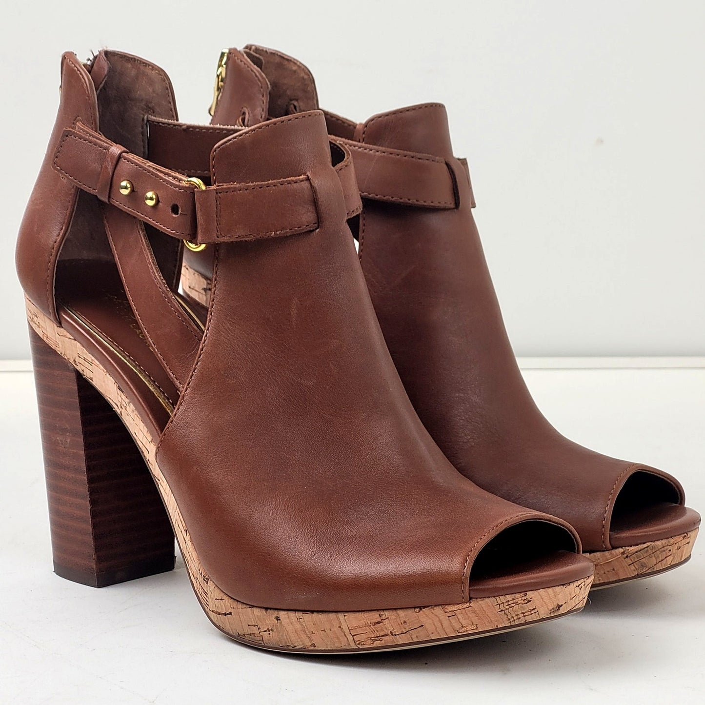 Ralph Lauren Fiana Polo Tan Cognac Leather Open Toe Booties Sz 9