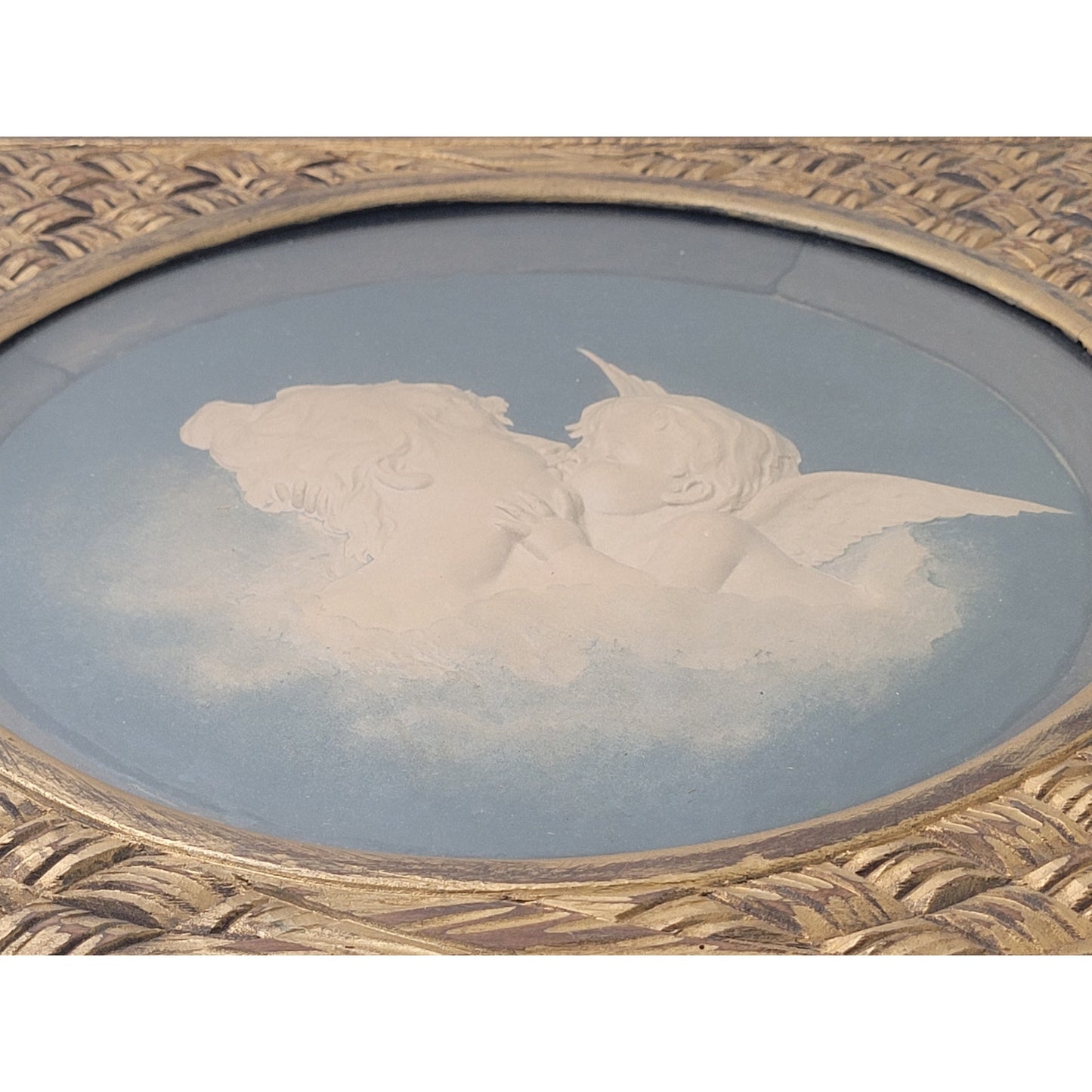 Antique Relief-Molded Cherub & Angel Scene in Decorative Gold Wooden Frame