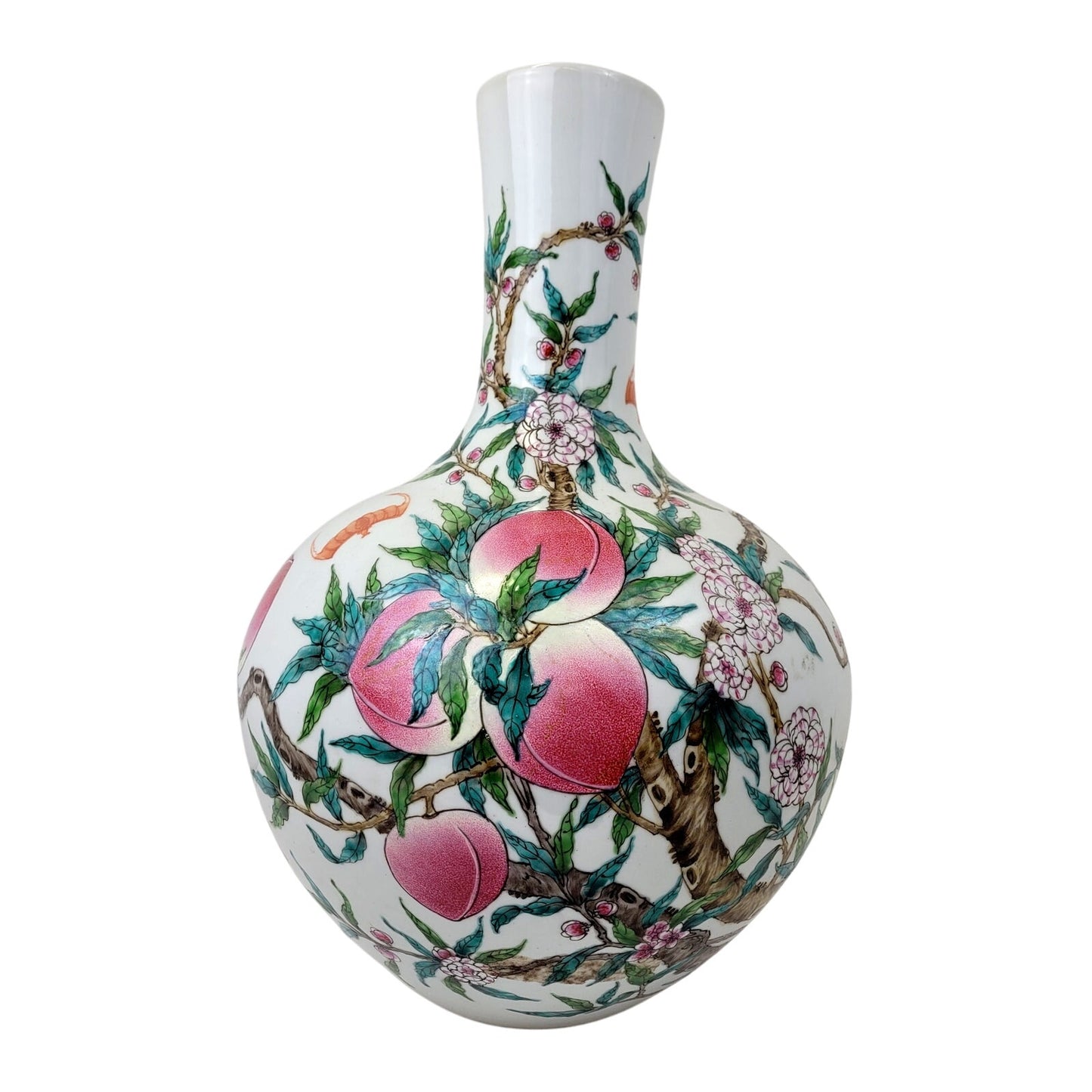 VTG Chinese Porcelain 21" Famille Rose, Peach, & Bat Vase Qianlong Mark