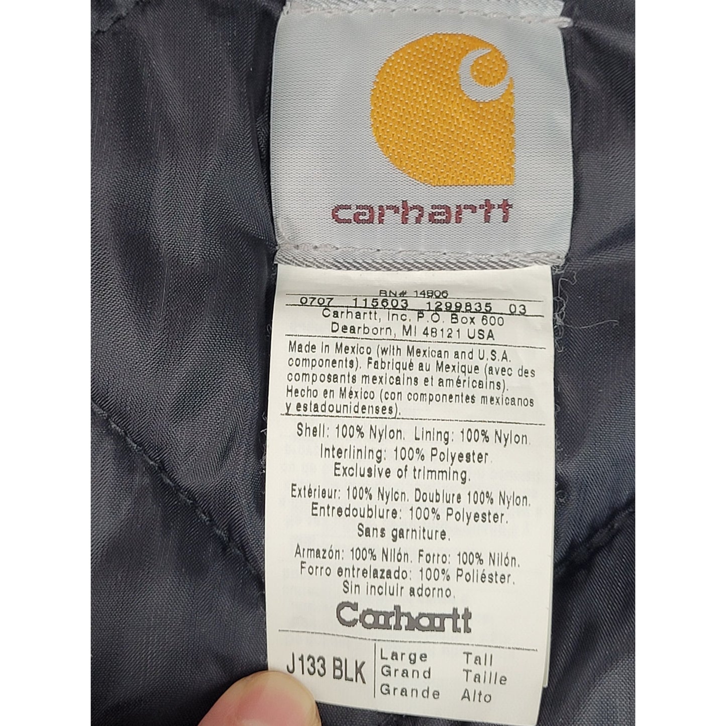 Carhartt Insulated Active Jacket Nylon Canvas Black Men's Sz L Tall