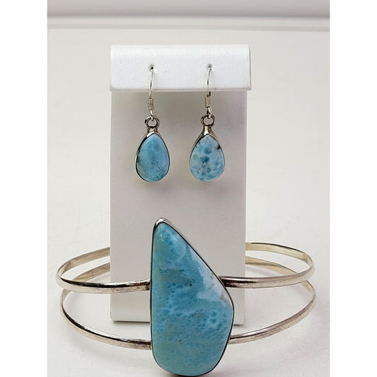 Sterling Silver 925 Larimar Upper Arm Cuff Bracelet & Earrings Set