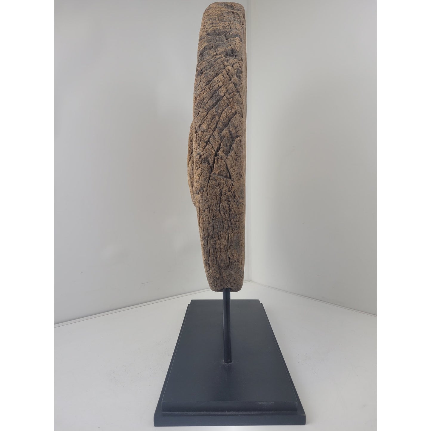 Antique Rustic Large Wooden Oxen Cart Wheel Sculpture on Stand