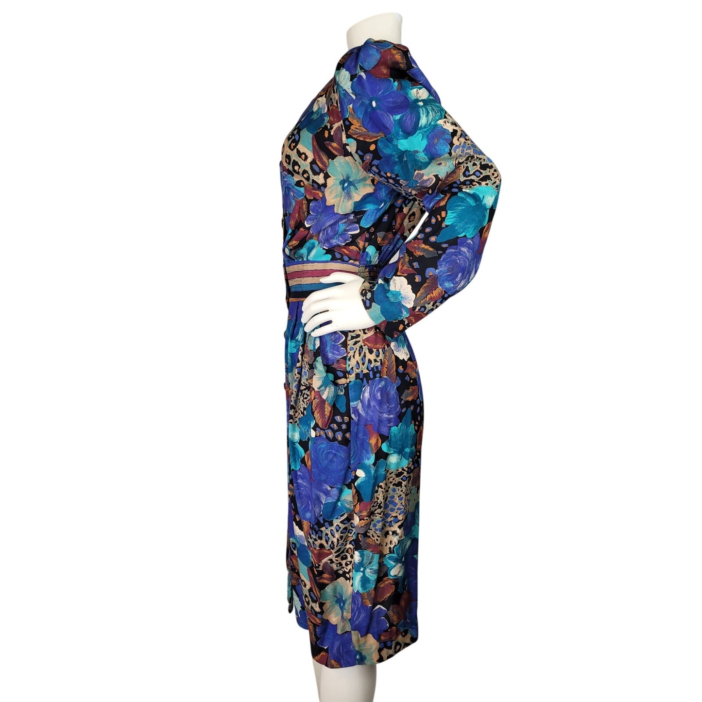 Vintage 1990s Mixed Print Below the Knee Dress w Slight Puff Sleeves Sz S