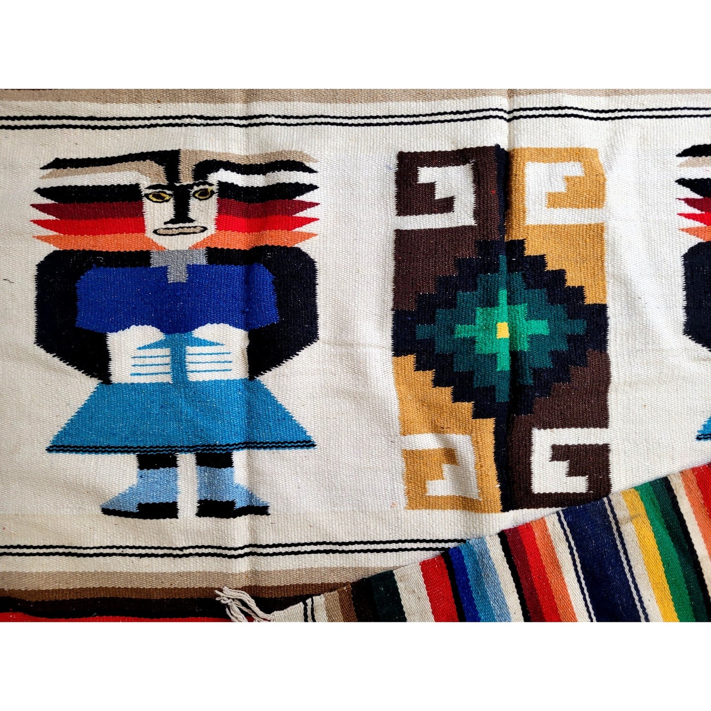 Large Vintage Mexican Woven Wool Serape/Blanket/Tapestry with Fringe
