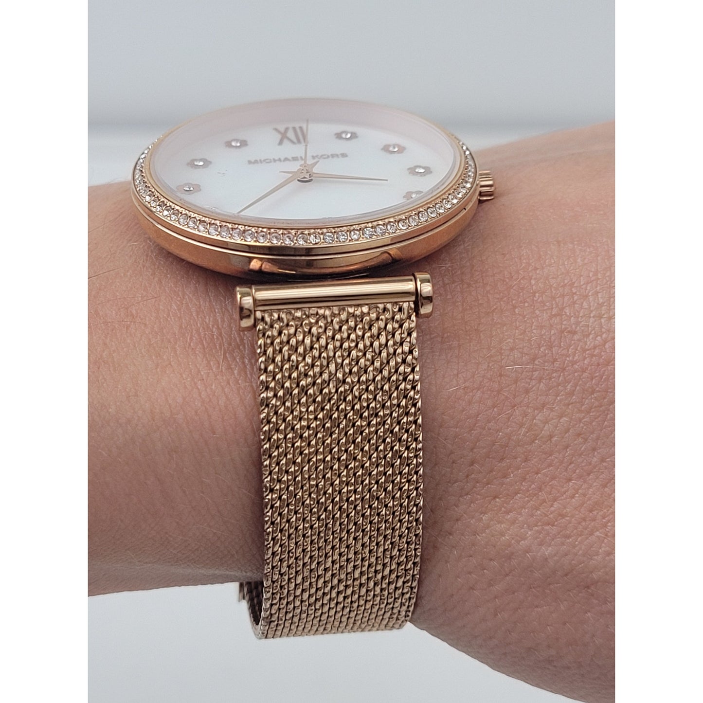 Michael Kors Rose Gold-Tone Watch Mother of Pearl Face Rhinestone Accents