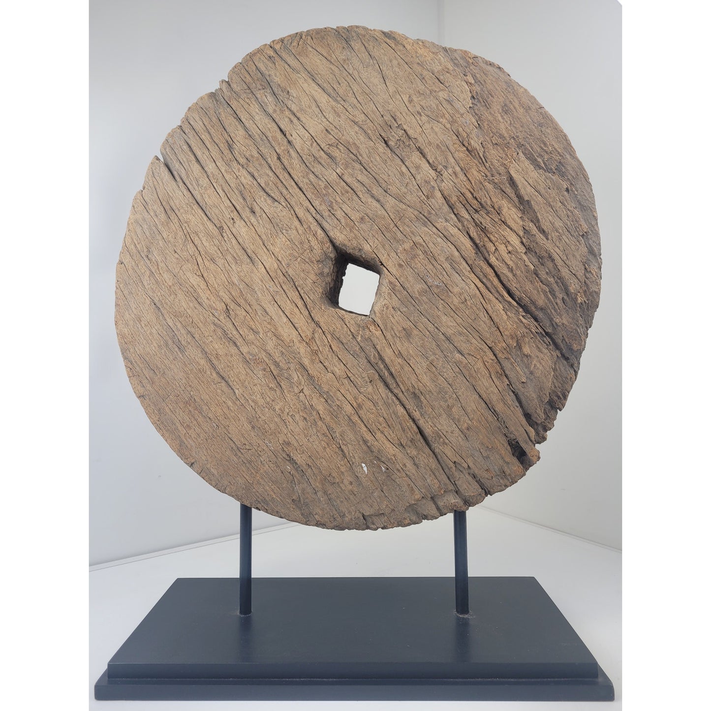 Antique Rustic Large Wooden Oxen Cart Wheel Sculpture on Stand