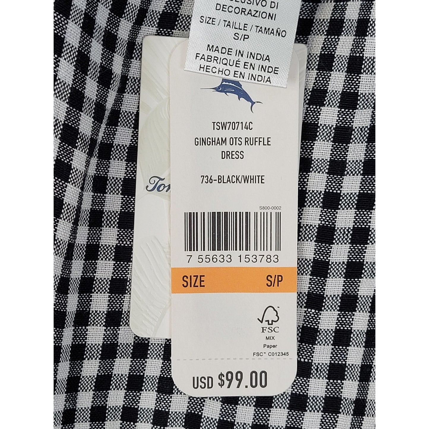 Tommy Bahama Gingham Of-The-Shoulder Ruffle Dress Black & White Linen Blend Sz S