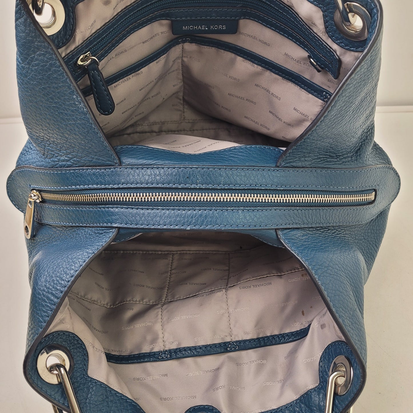 Michael Kors Raven Large Leather Shoulder Bag Blue/Teal w Silver-Tone Hardware