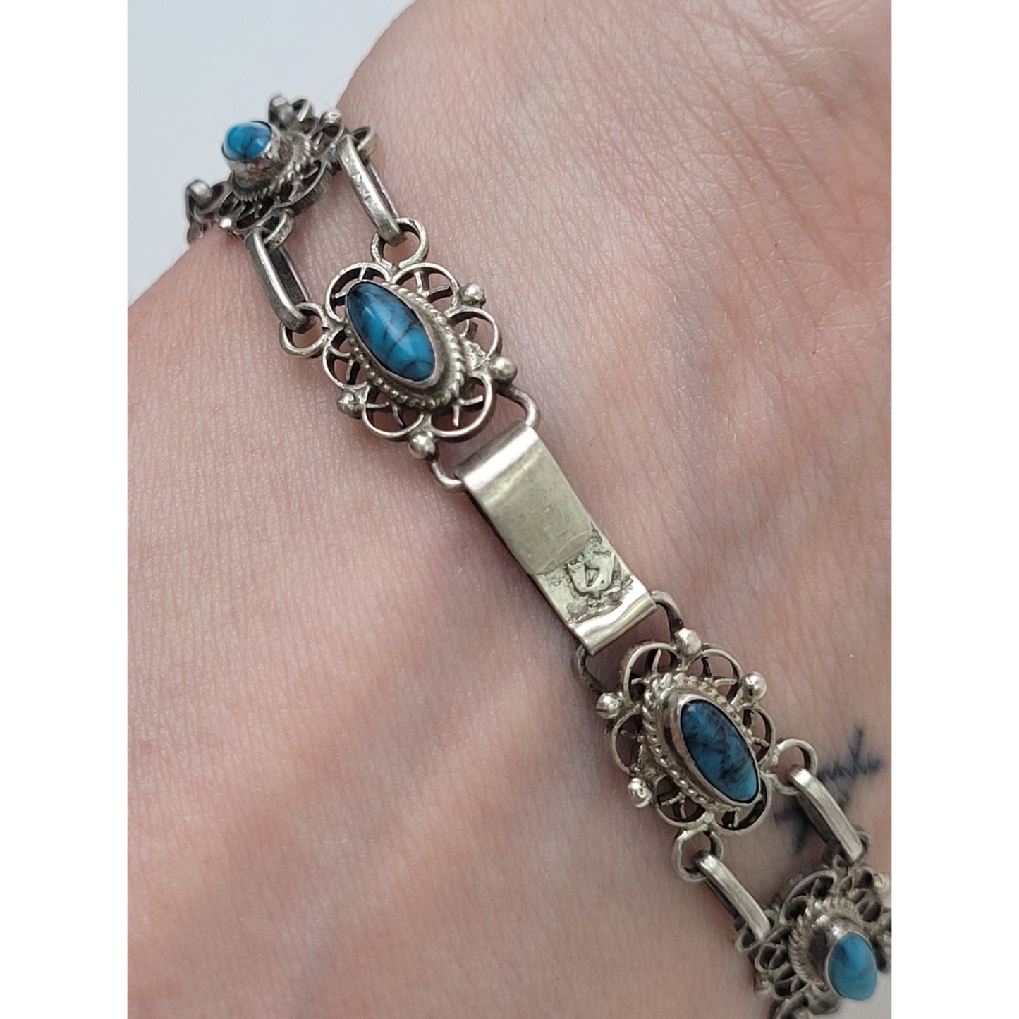 Vintage Sterling Silver Bracelet Intricate Filigree & Turquoise Stones | Mexico