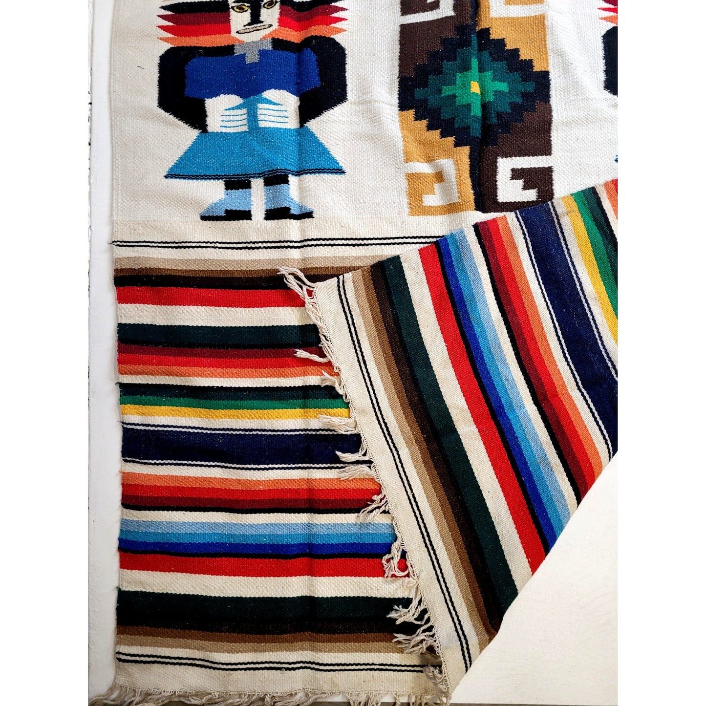 Large Vintage Mexican Woven Wool Serape/Blanket/Tapestry with Fringe