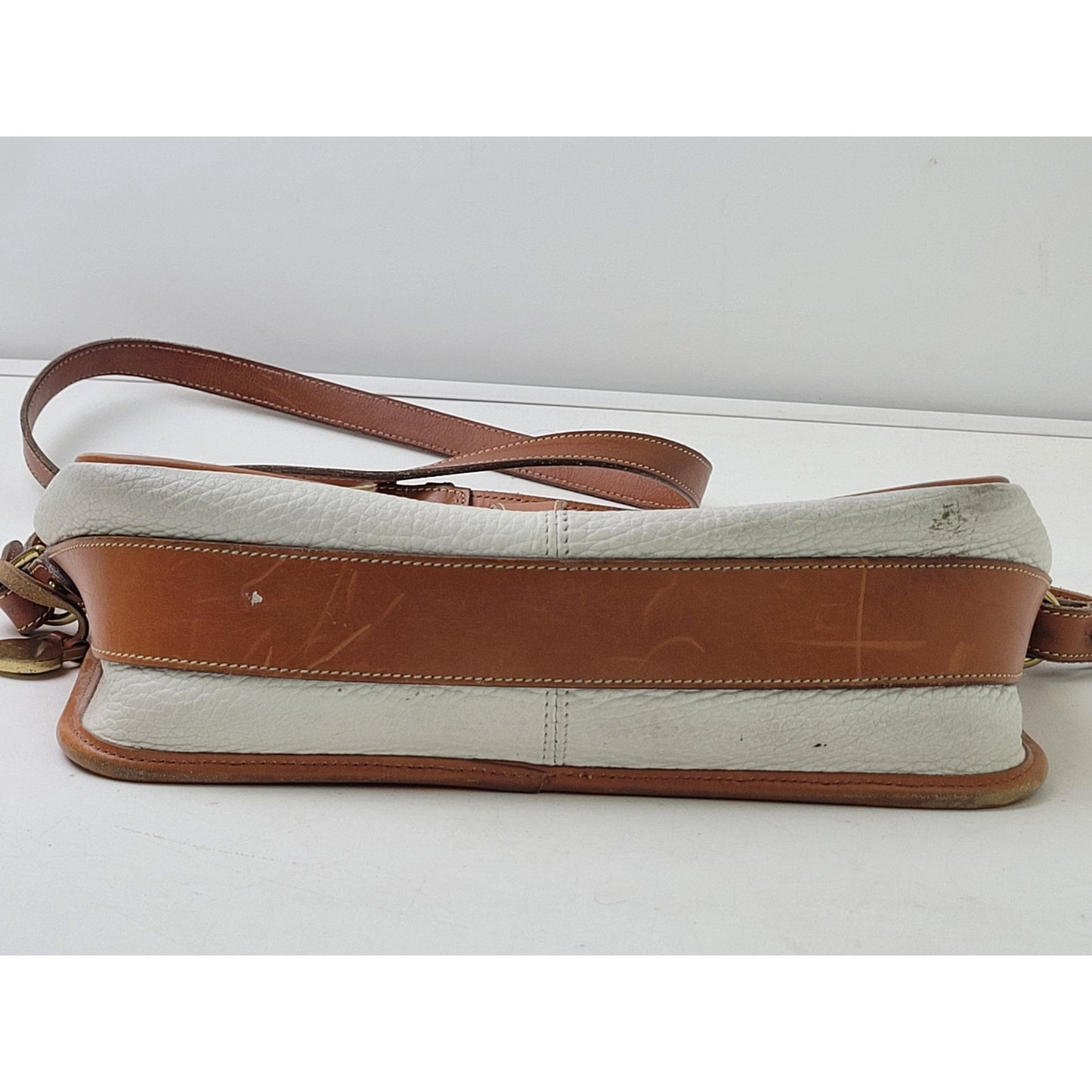 Vintage Dooney & Bourke Equestrian Crossbody Bag Pebbled White Brown Leather