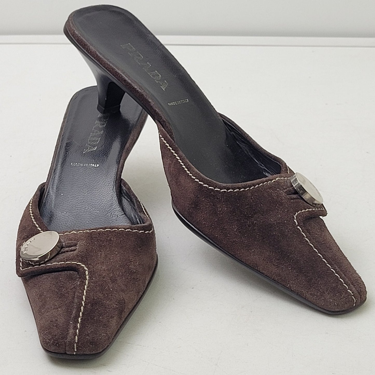 VTG PRADA Brown Suede Leather Mules Contrast Stitching Silver Hardware Sz 37.5