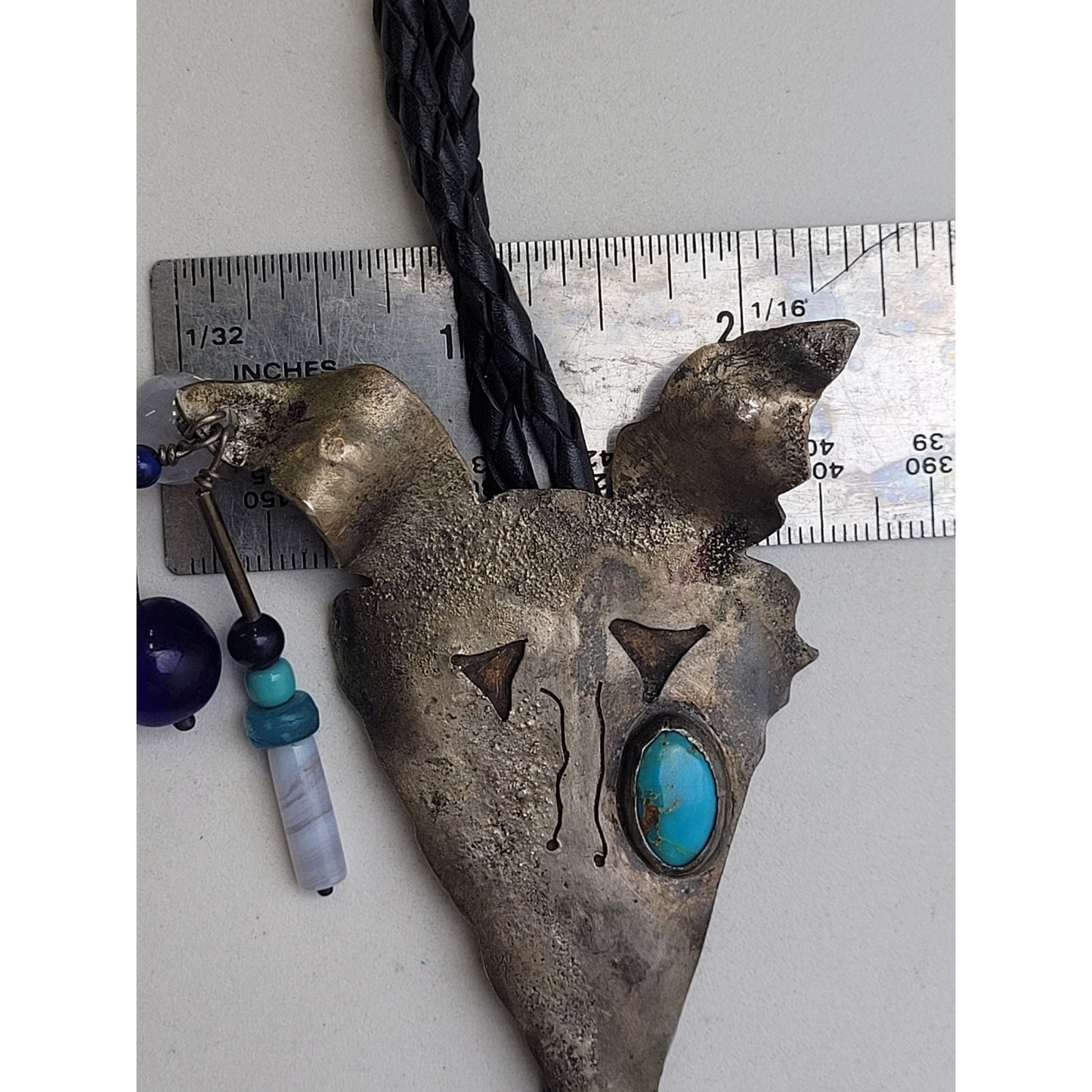 VTG Handmade Sterling Silver Bolo Tie Animal Head w Turquoise & Beaded Accents
