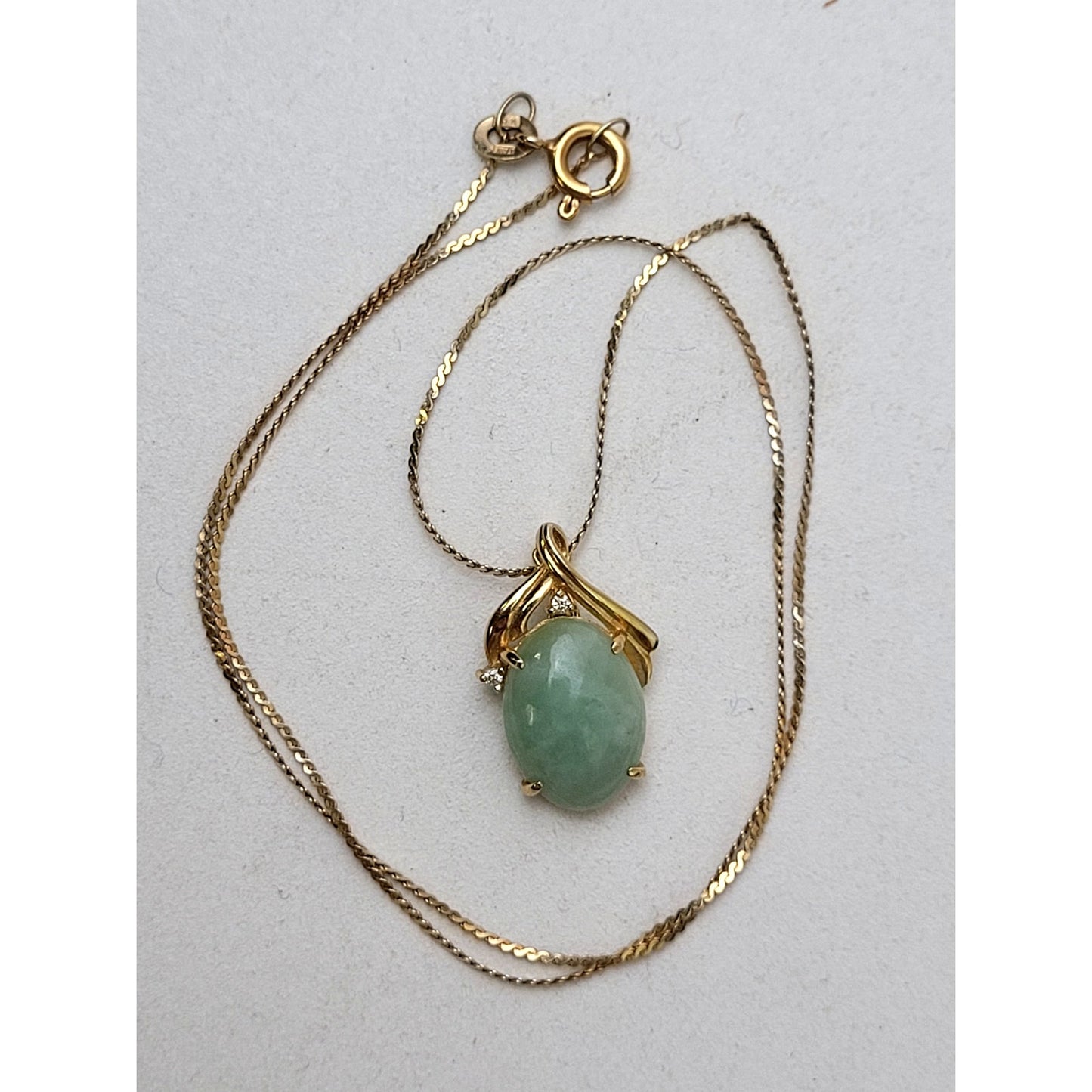 14K Yellow Gold Jade & Diamond Pendant on Flat Twisted Cable Chain Necklace