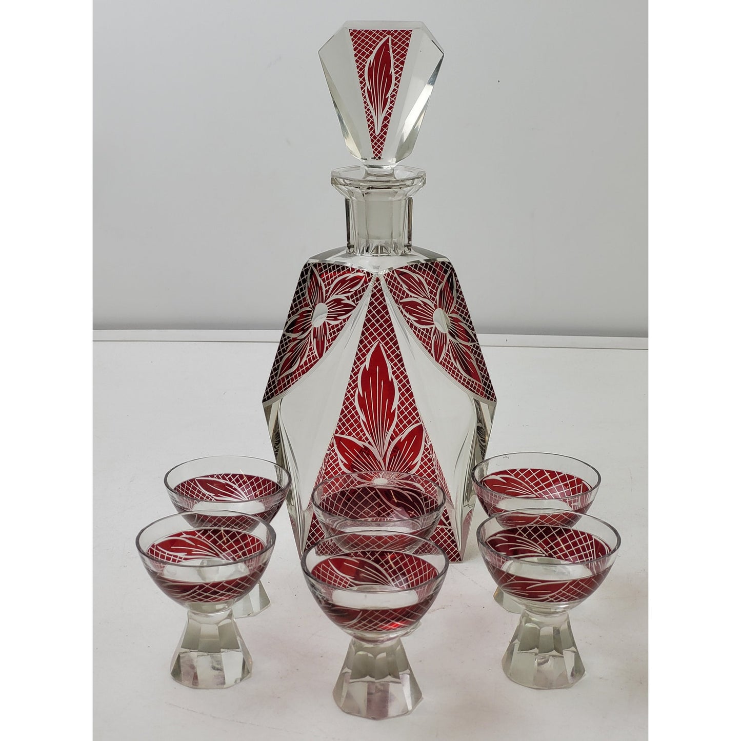 1920s-30s Art Deco Cubist Enamel Liquor Decanter & 6 Glasses Set by Karl Palda