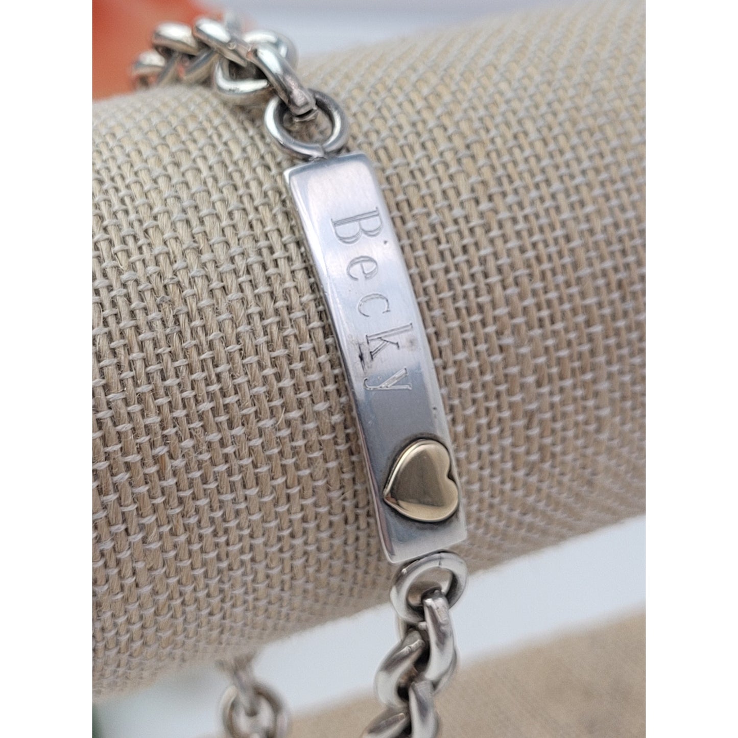 925 Sterling Silver Becky ID Cuban Link Chain Bracelet w 14K Gold Heart