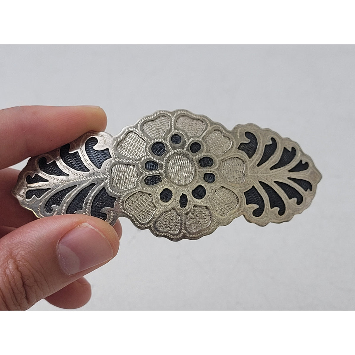 Vintage Indonesian Sterling Silver Barrette Floral Motif | 3.75" Wide