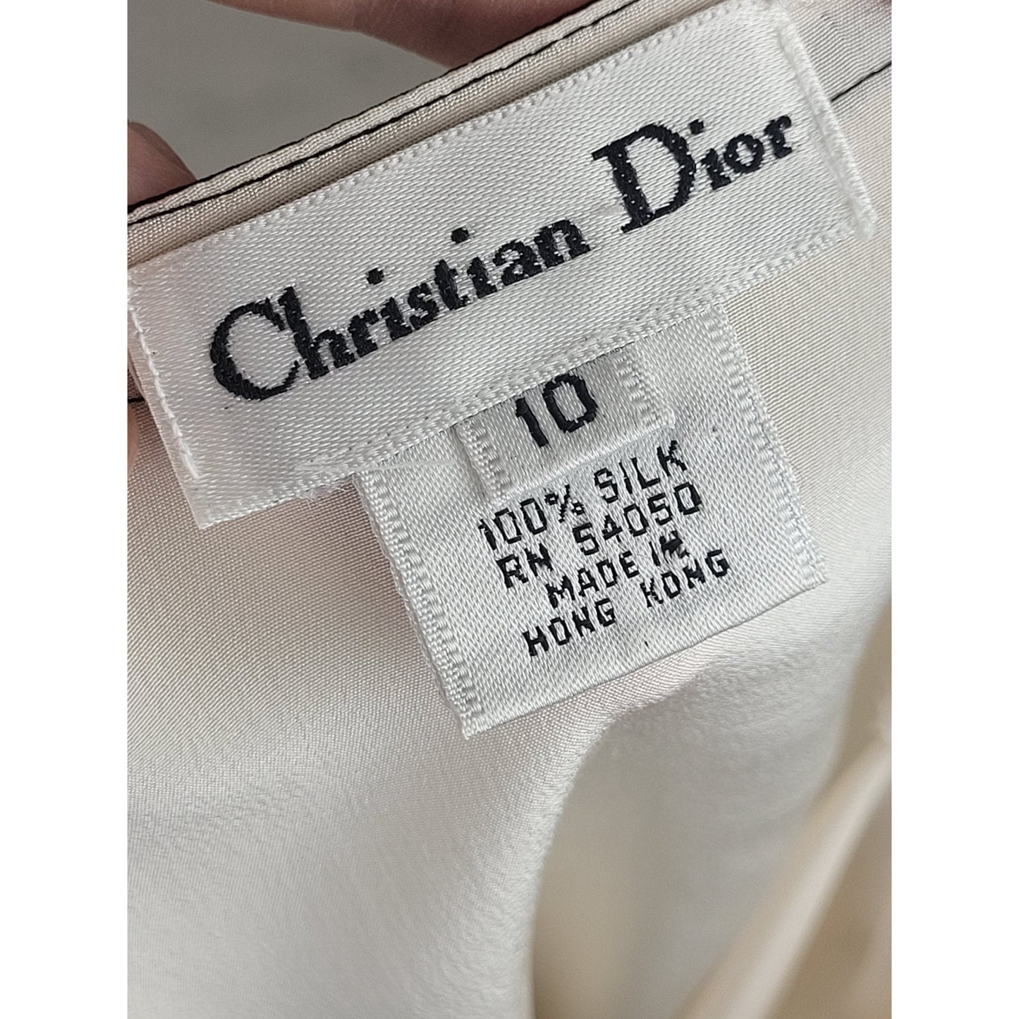 Vintage Christian Dior Ivory Silk Blouse Black Trim Square Neckline Sz S/M