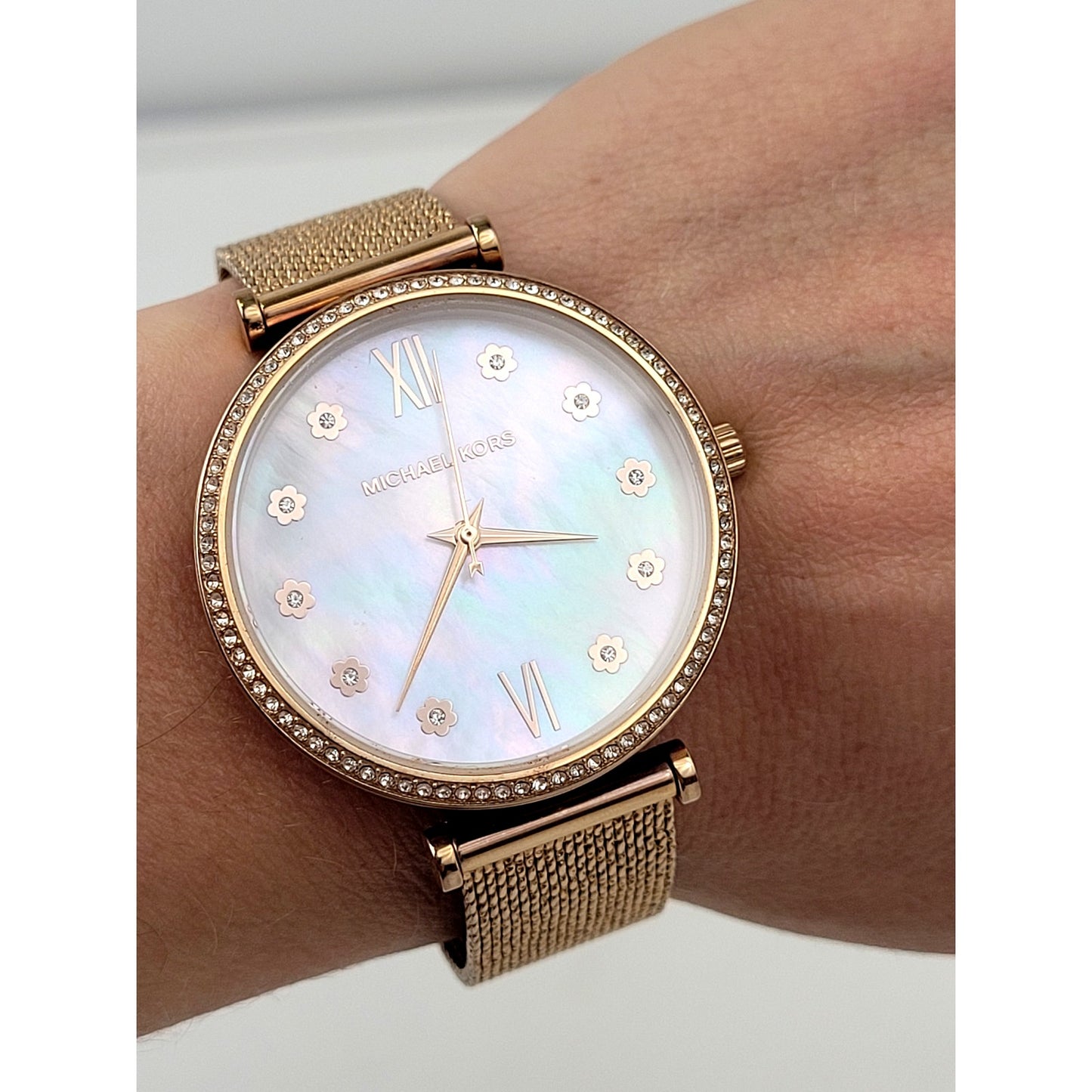 Michael Kors Rose Gold-Tone Watch Mother of Pearl Face Rhinestone Accents