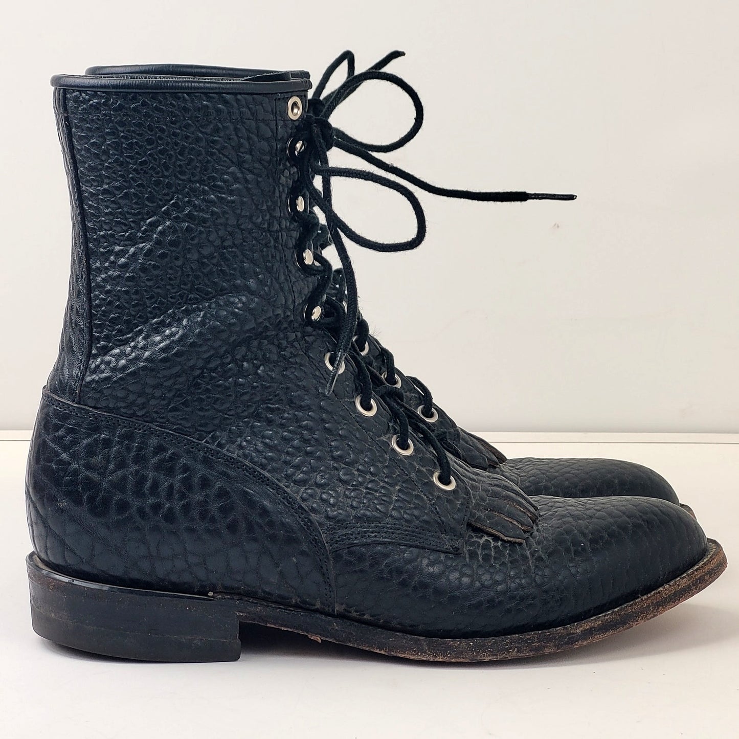 Vintage Justin Black Leather Roper Boots Lace-up Western Men's Sz 8.5D