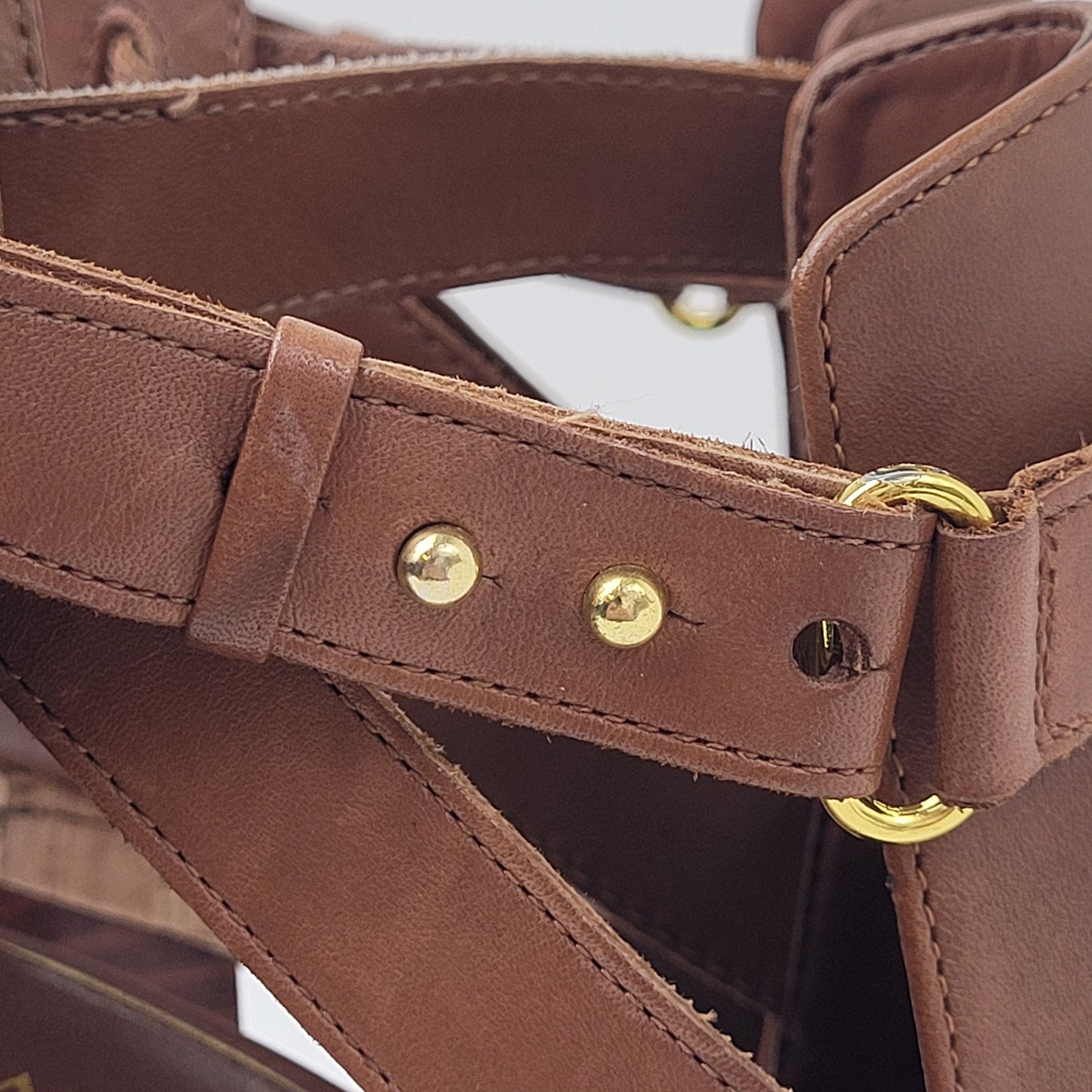 Ralph Lauren Fiana Polo Tan Cognac Leather Open Toe Booties Sz 9