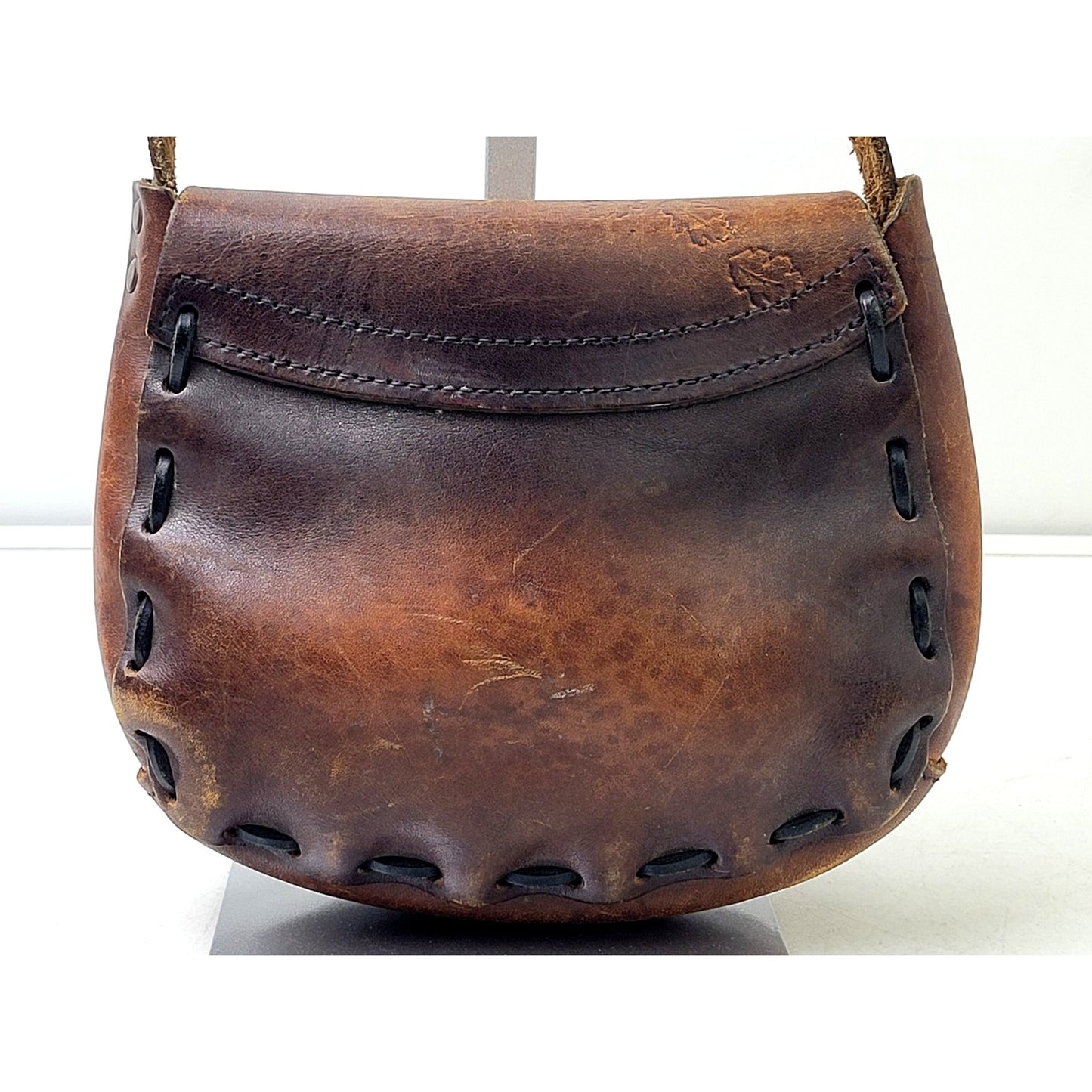 1970s Handmade Tooled Leather Brown Mini Messenger Bag