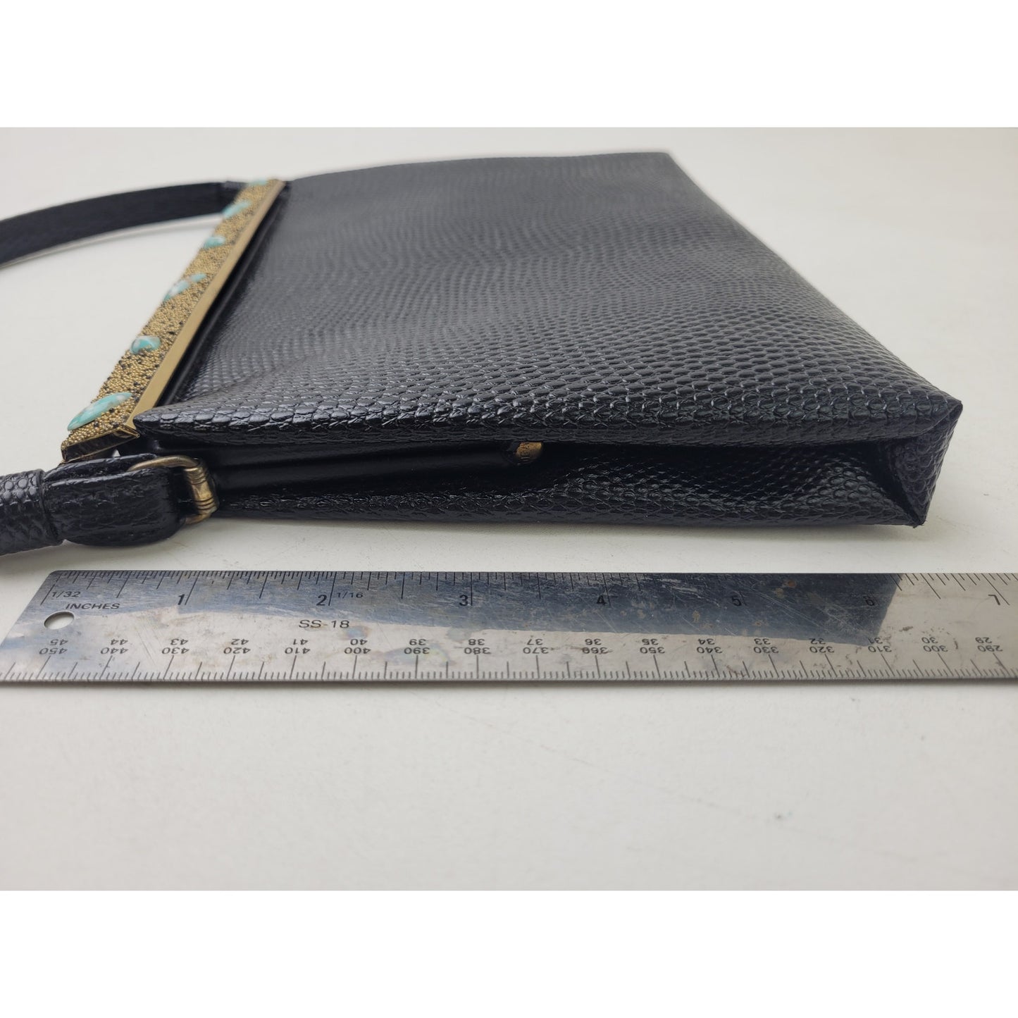 Vintage 1950s Black Lizard-Embossed Leather Evening Bag w Gold Tone Closure