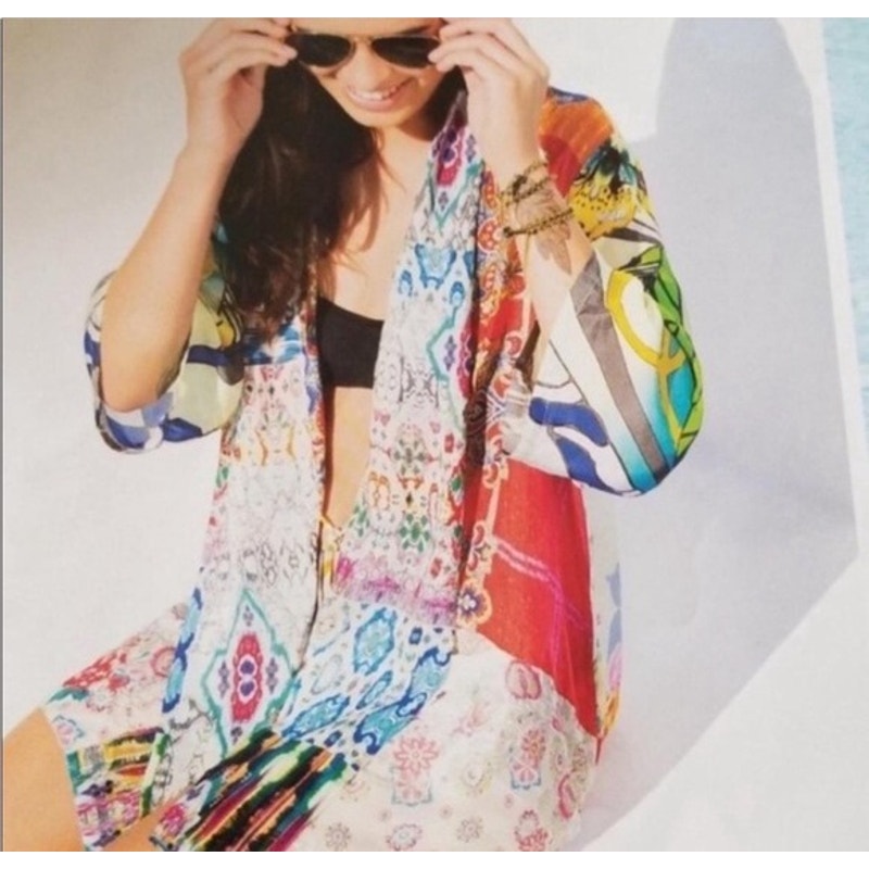 Johnny Was Multicolor Patchwork Silk Kimono Jacket Bohemian Style Sz S