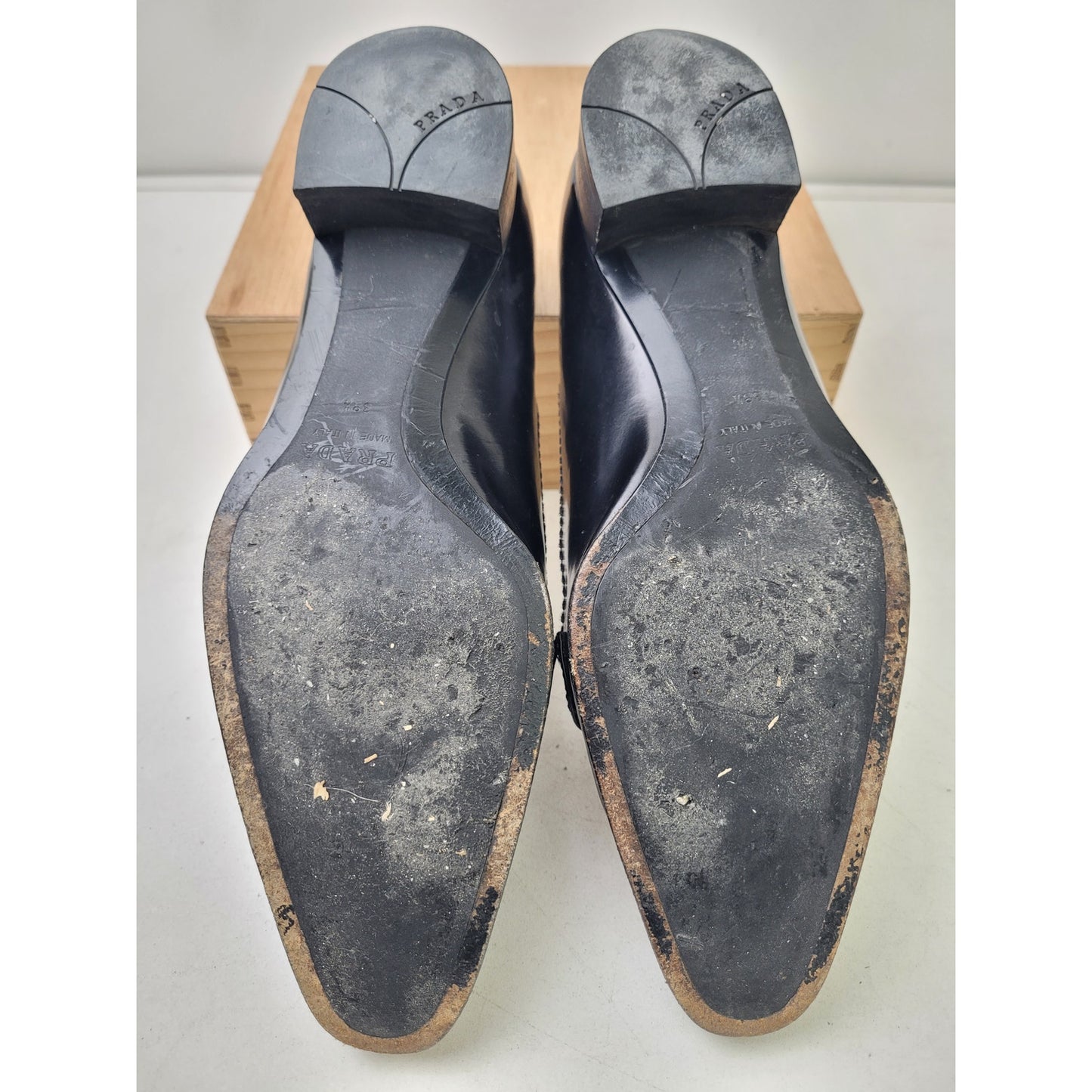 Vintage PRADA Black Leather Loafers Silver Buckle Women's Sz EU 38 1/2 / US 8